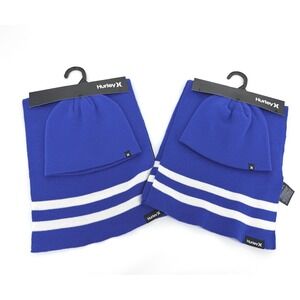 Hurley New Yorker Beanie and Scarf Set Royal Blue White Stripe NWT